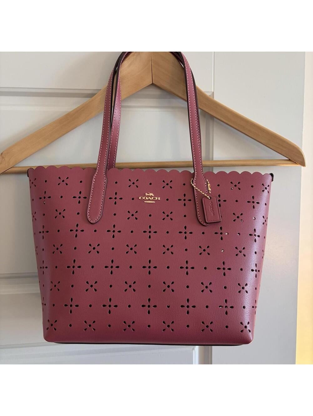 COACH NWOT Floral Laser Cut Mini City Tote Rouge Pink Leather